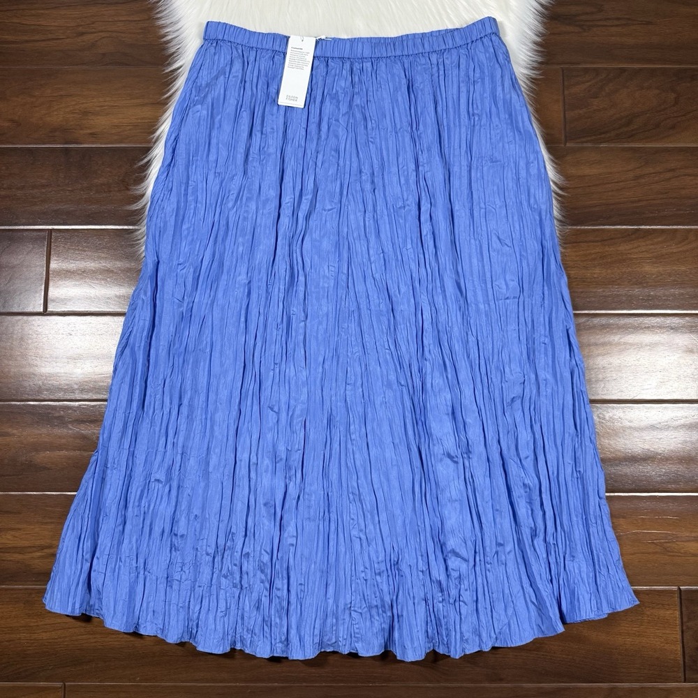 Eileen Fisher Women's Size Petite Large PL Blue Crushed Silk Pleated‎ Skirt